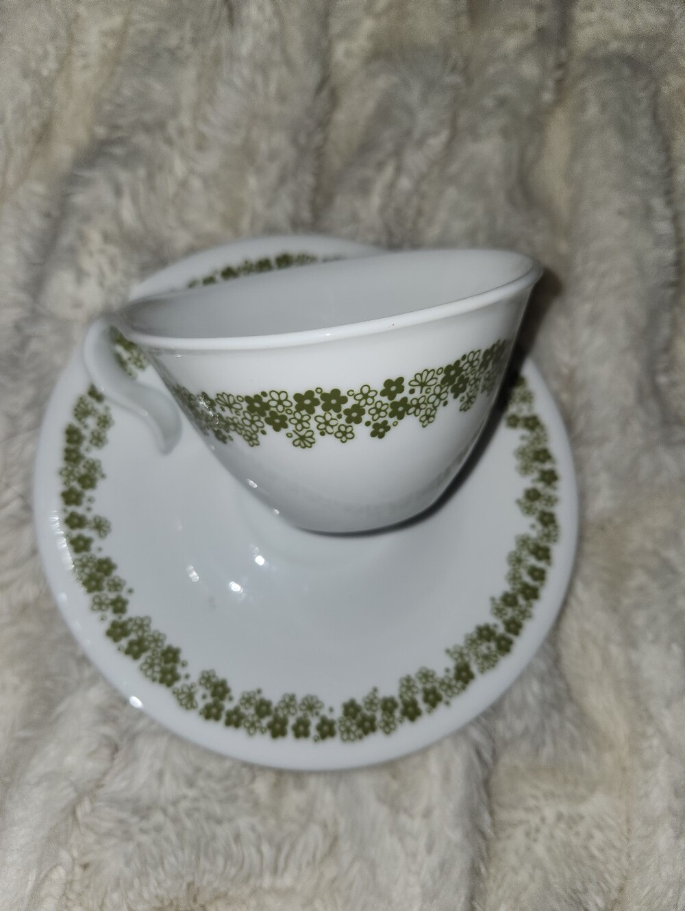 Vintage CORELLE  White Teacup & Saucer with Olive Green Floral Band